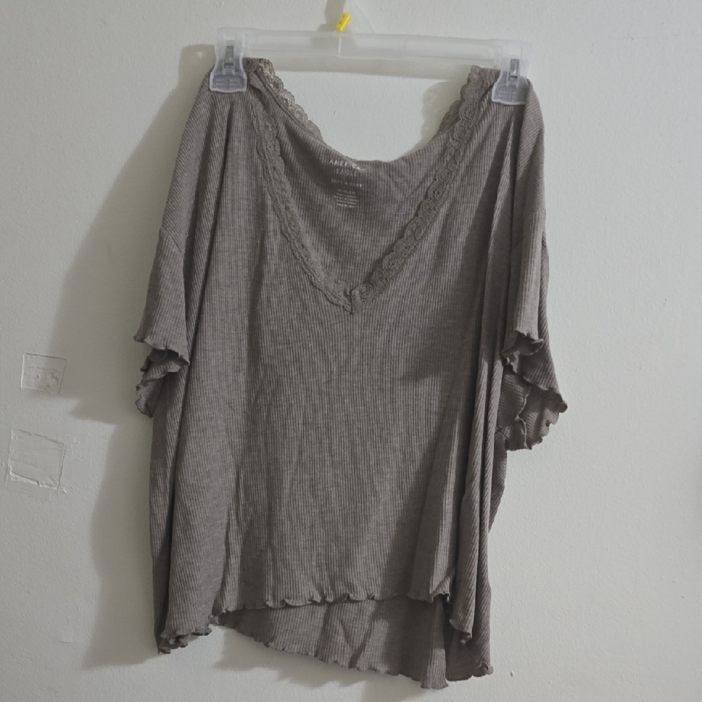 American Eagle Outfitters Lace Trim Short Sleeve Top - Taupe